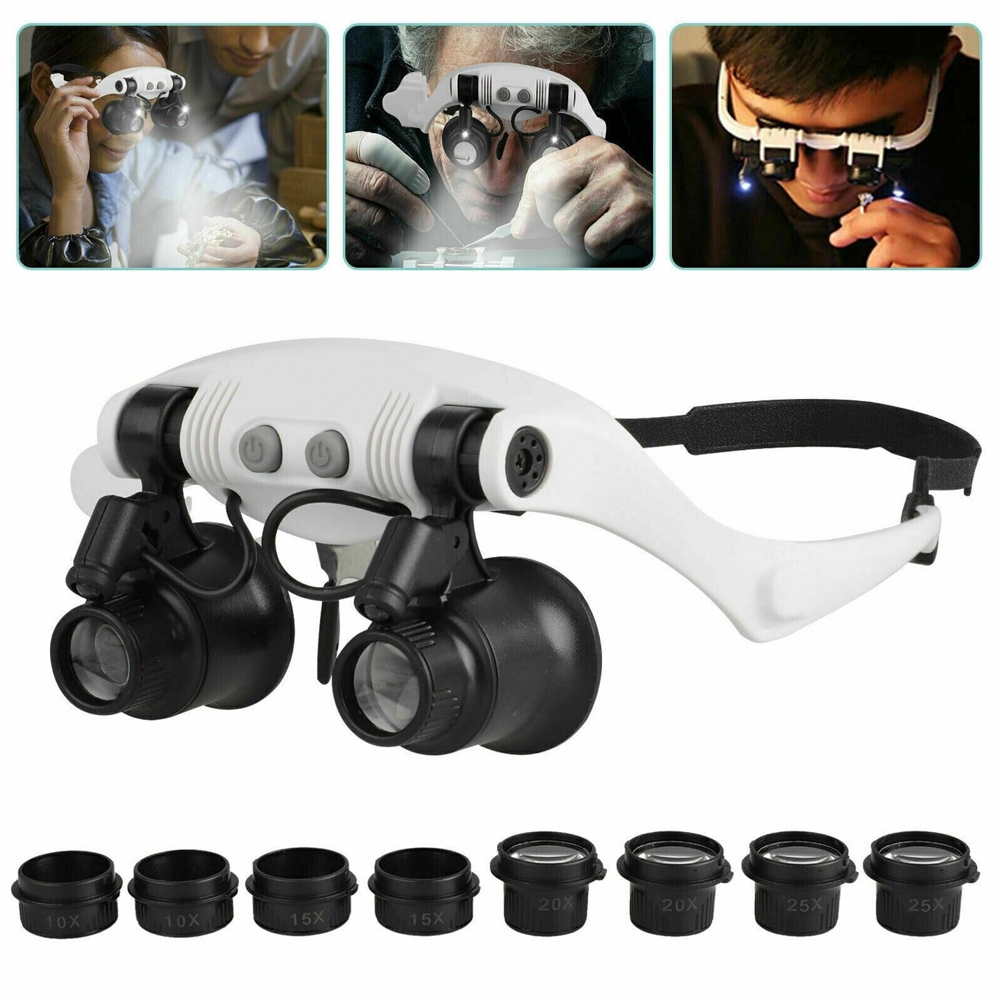 LED Jeweler's Headband Magnifier with 8 Lenses