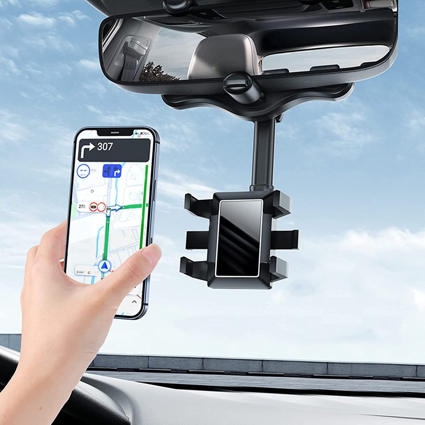 Hands-free car phone mount for rearview mirror