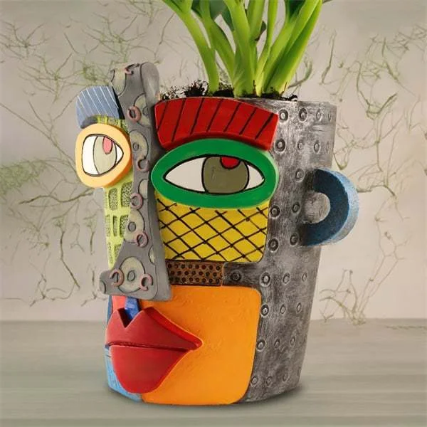 Artisan Brutalist Planter with Abstract Floral Design