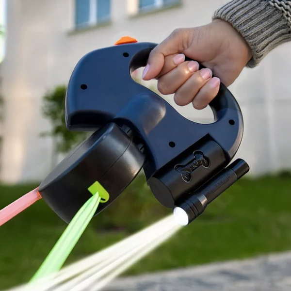 Hands-free dog leash with light and poop bag dispenser