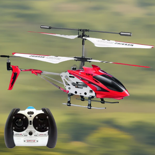 Small, sturdy, red remote control helicopter with stabilization