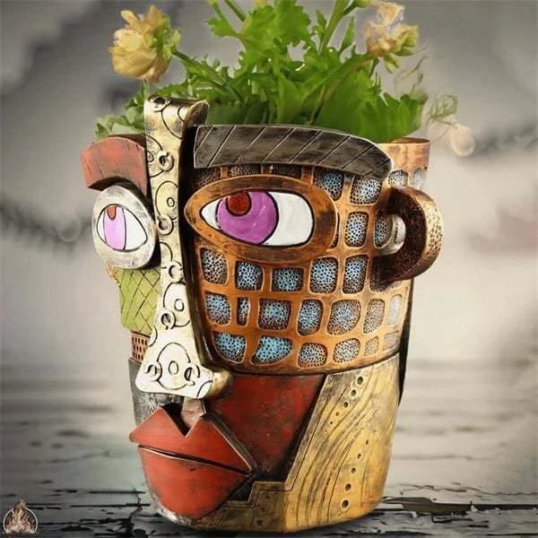 Artisan Brutalist Planter with Abstract Floral Design